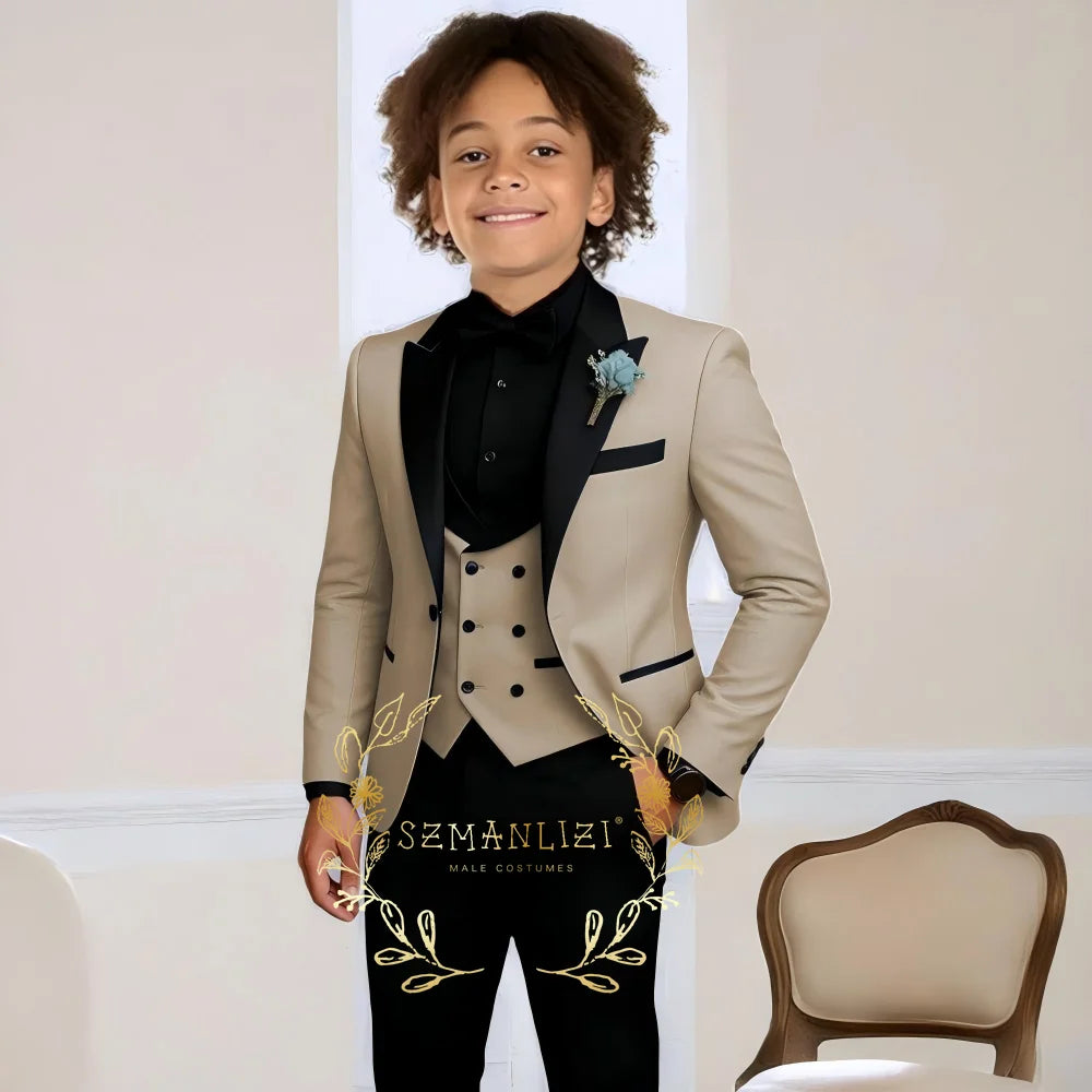 Costume de smoking de mariage pour garçons, 3 pièces, veste à col à visière, pantalon, gilet, ensemble Blazer formel pour enfant, tenue cintrée, costume garcon mariage