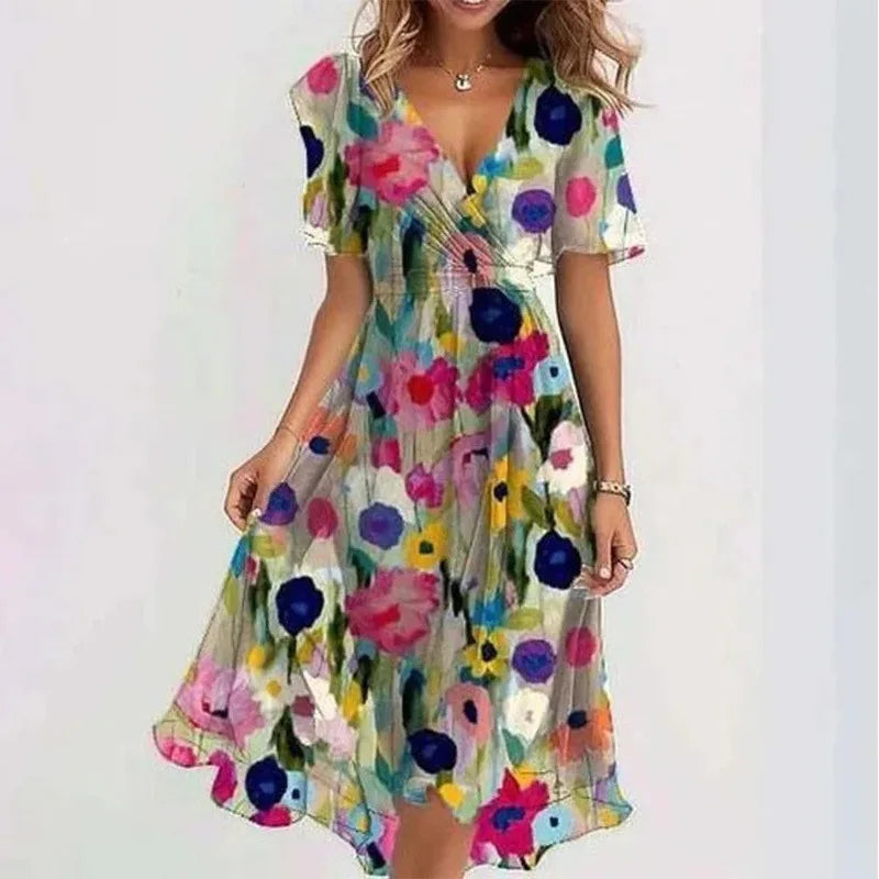 Robe de soirée bohème élégante à imprimé floral, col en V, manches courtes, longueur genou, Vestidos BKLFZ-1616