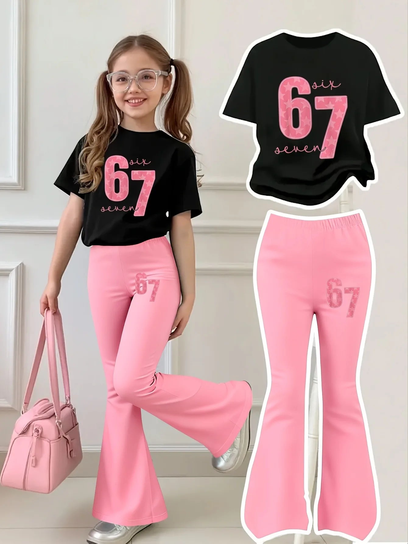 Ensemble 2 pièces pour filles, T-shirt à manches courtes et pantalon évasé, imprimé étoile rose numéro 67, ensemble streetwear décontracté pour enfants