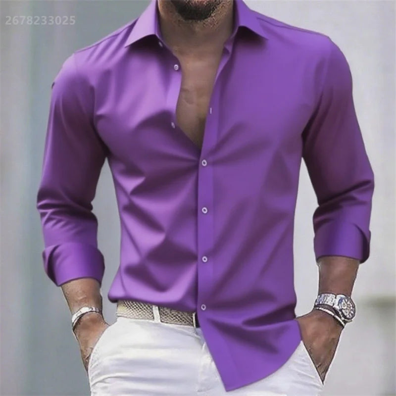 Chemise blanche décontractée pour homme, couleur unie, tissu extensible à manches longues, chemise formelle pour affaires, tissu confortable