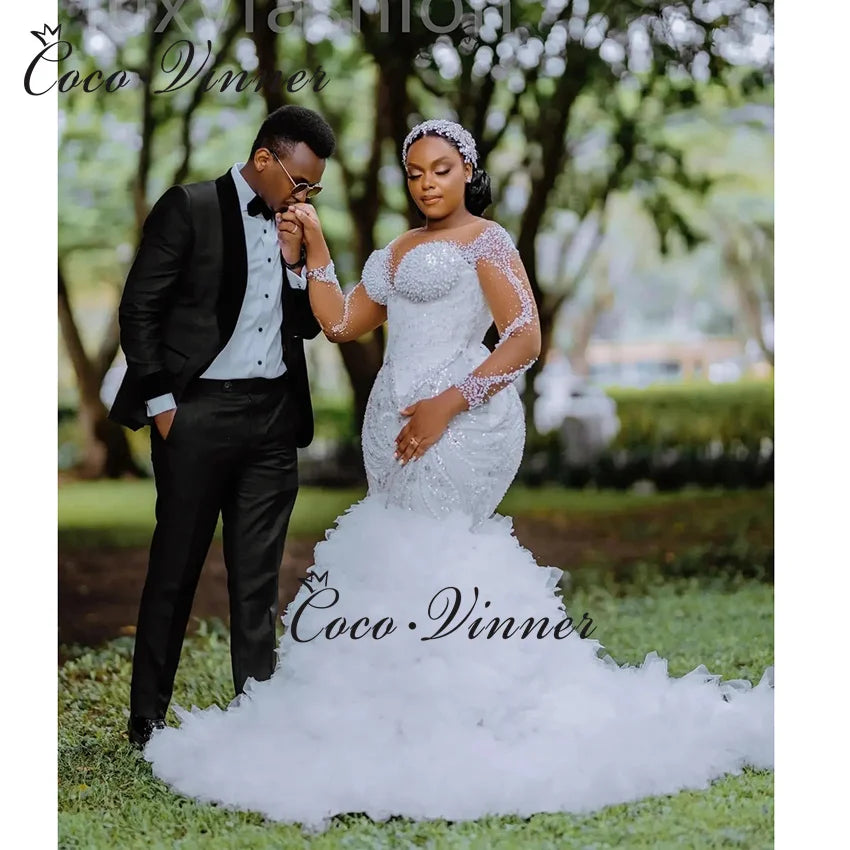 Robe de mariée sirène de luxe africaine personnalisée pour femme 2026, nouvelle collection, manches longues avec perles et sequins, dentelle, robe de mariée W1381