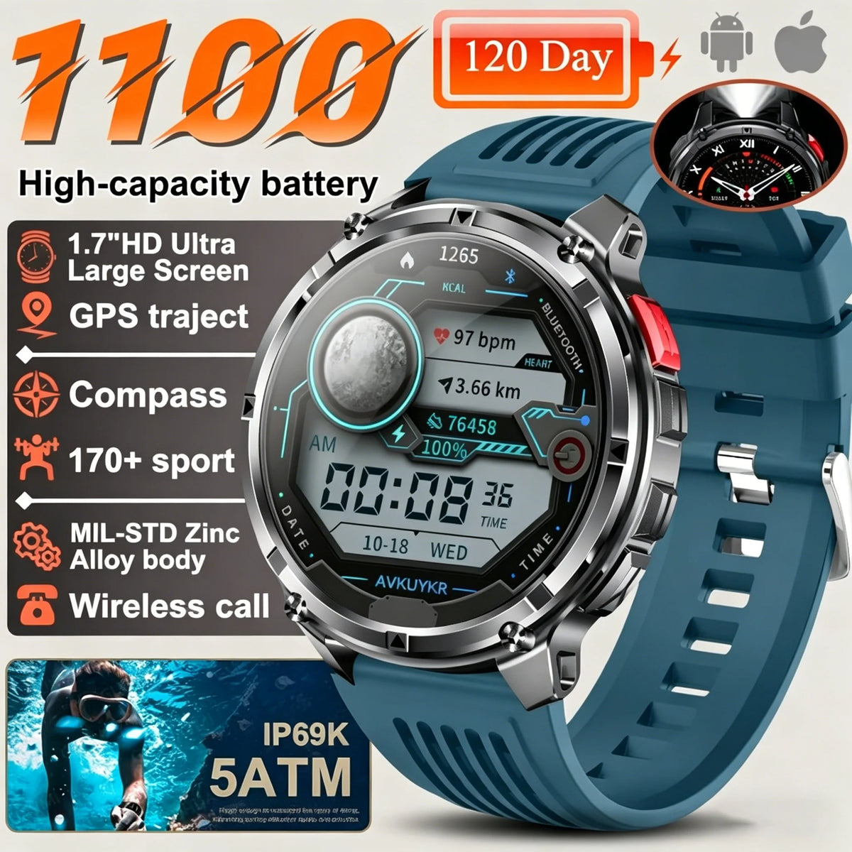 Nouvelle montre connectée T-REX3 Ultra avec batterie 1100mAh, étanche 10ATM, GPS, boussole, lampe de poche, écran AMOLED HD de 1,7 pouces, appels, montre connectée sport pour hommes