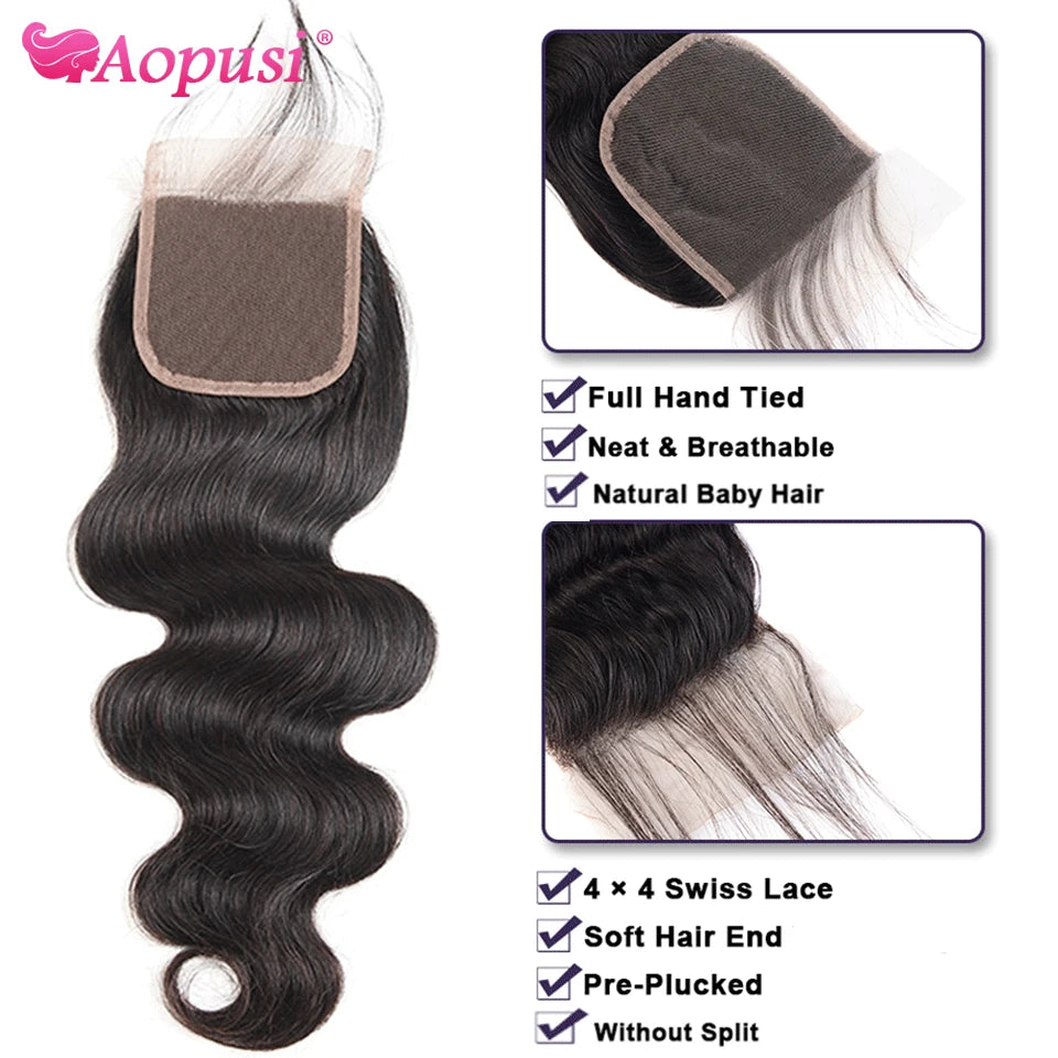 Aopusi – tissage en lot brésilien naturel Body Wave avec Closure, Extension de cheveux, lots de 3/4