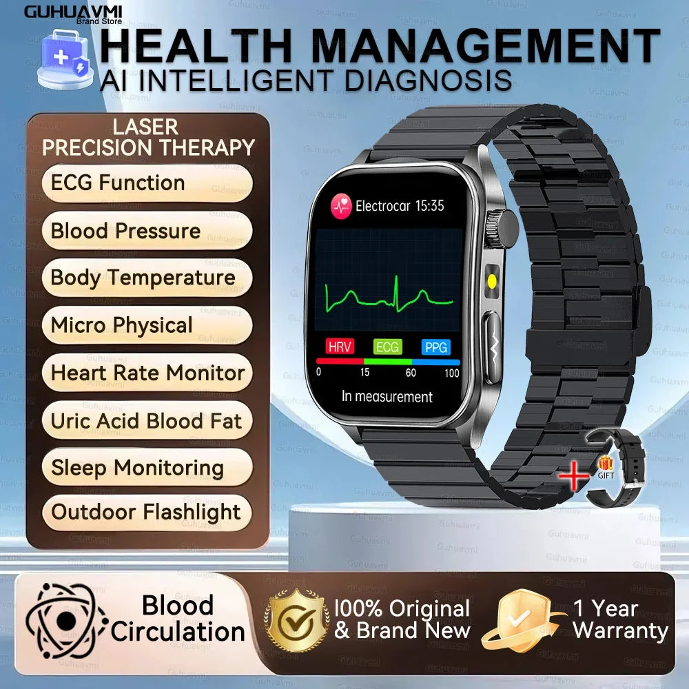 2025New 650nm Laser conditionnement verre saphir montre intelligente hommes ECG fréquence cardiaque Micro examen physique santé Smartwatch température