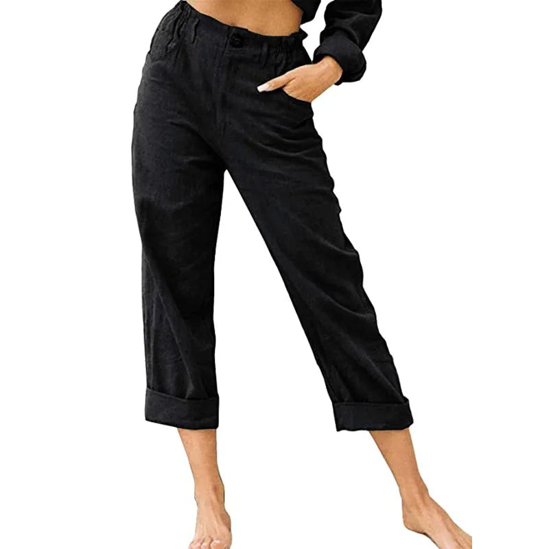 Pantalon court en lin mélangé style bohème 2026 pour femme, taille haute élastique, braguette boutonnée, ourlet retroussé, avec poches latérales
