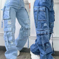 Nouveau Jean Femme 2026 Tendance Couleur Unie Décontracté Style Workwear Denim Taille Haute Multi-Poches Coupe Ample Polyvalent Grandes Tailles