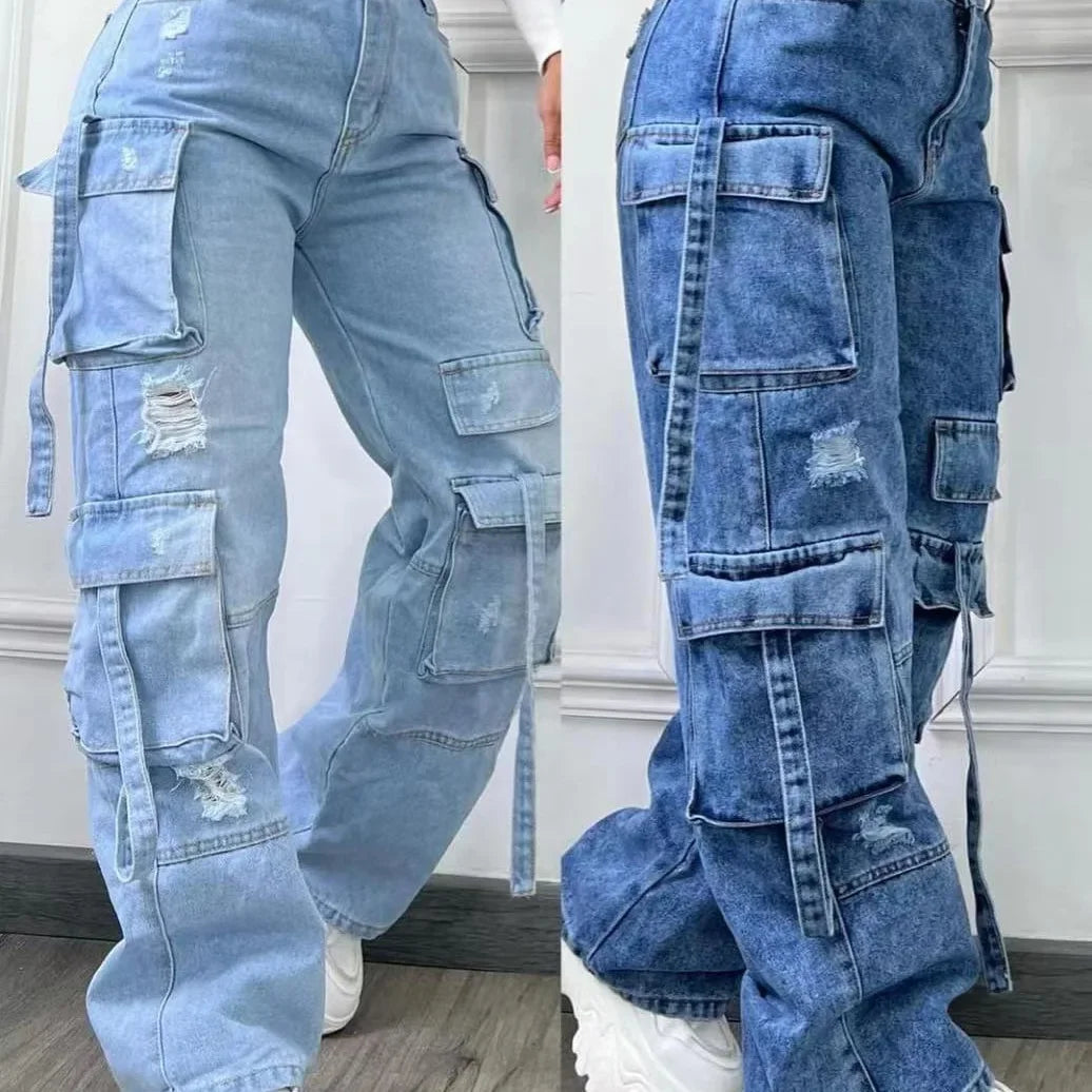 Nouveau Jean Femme 2026 Tendance Couleur Unie Décontracté Style Workwear Denim Taille Haute Multi-Poches Coupe Ample Polyvalent Grandes Tailles