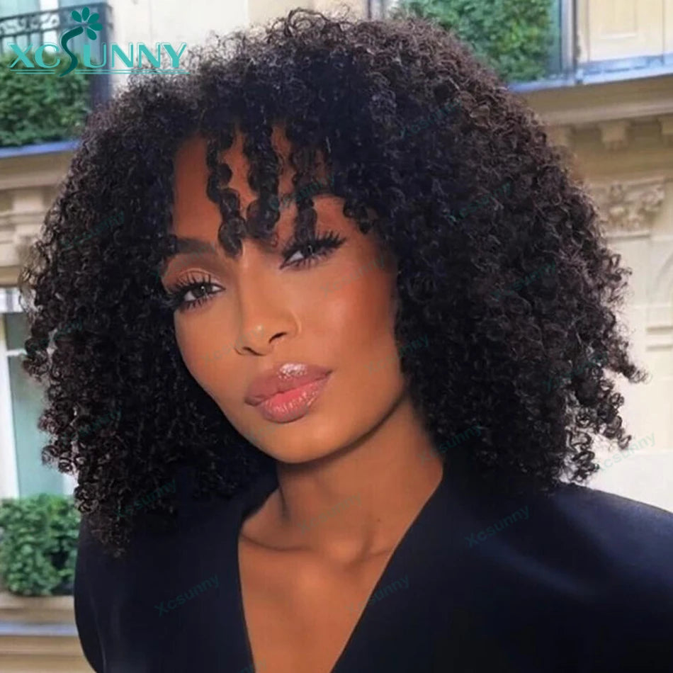 Perruques de cheveux humains bouclés crépus avec frange pour femmes noires, perruque naturelle, brésilienne, fabriquée à la machine, cuir chevelu rond