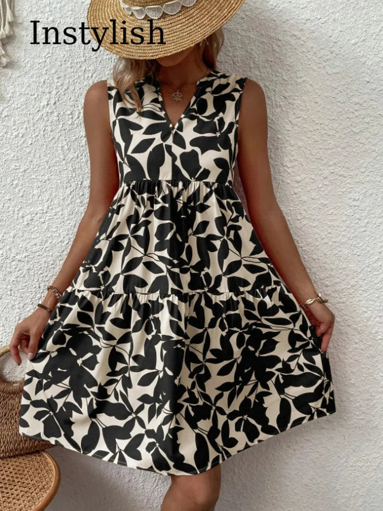 Femmes Boho imprimé Mini robe été élégant sans manches col en V à volants une ligne débardeur décontracté ample surdimensionné plage fête robe d'été
