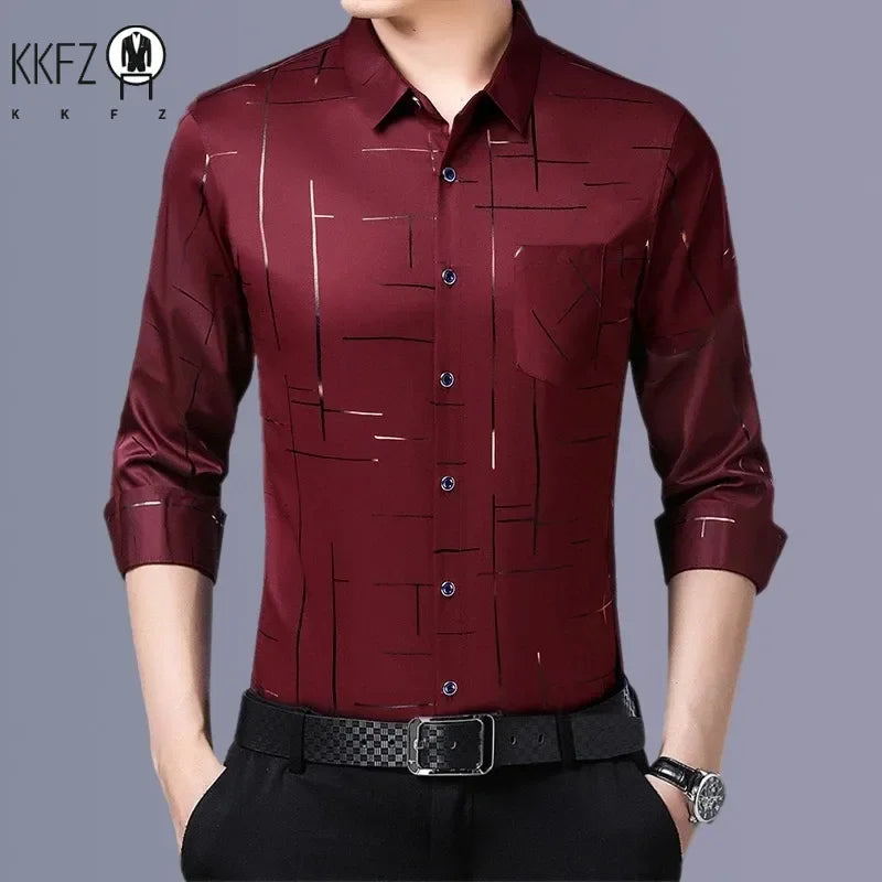 Chemise imprimée à manches longues pour hommes, haut d'affaires décontracté et à la mode, sans repassage et résistant aux rides