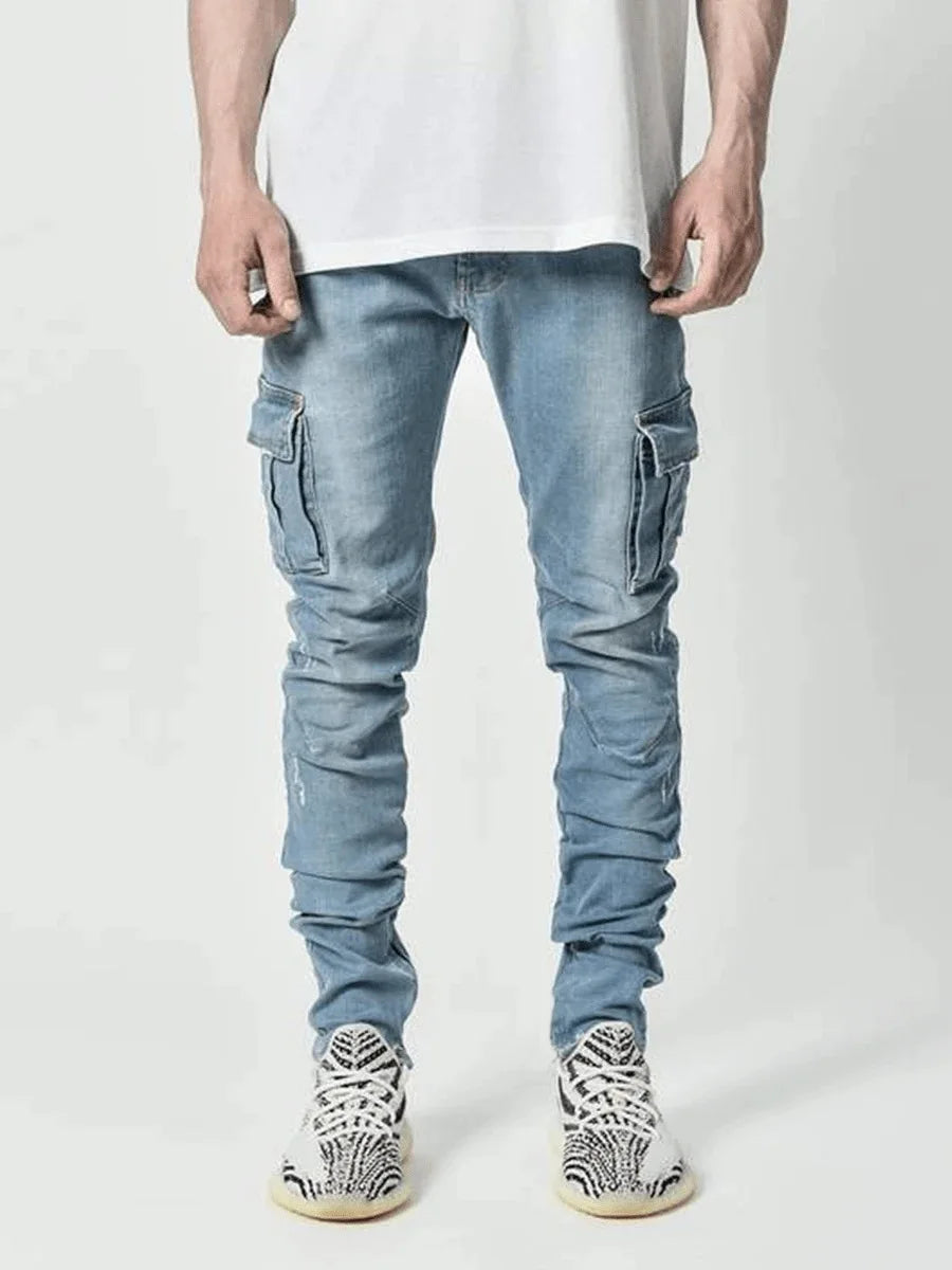 Nouveau jean hommes pantalon lavage couleur unie Multi poches Denim taille moyenne Cargo jean grande taille mode pantalon décontracté mâle usage quotidien