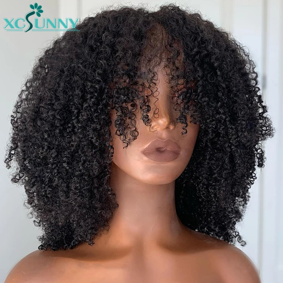 Perruques de cheveux humains bouclés crépus avec frange pour femmes noires, perruque naturelle, brésilienne, fabriquée à la machine, cuir chevelu rond