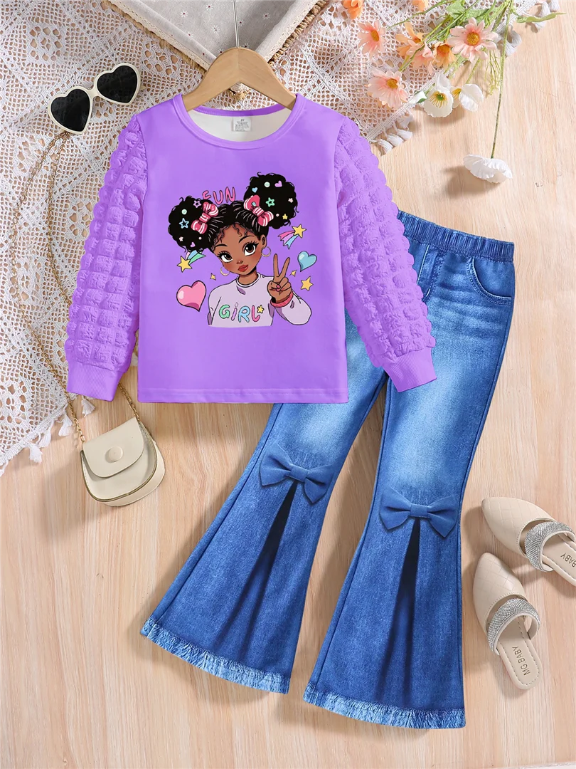 Ensemble de mode pour filles, avec col rond blanc, imprimé de dessin animé, manches longues et pantalon amincissant de couleur unie, deux pièces, printemps et automne