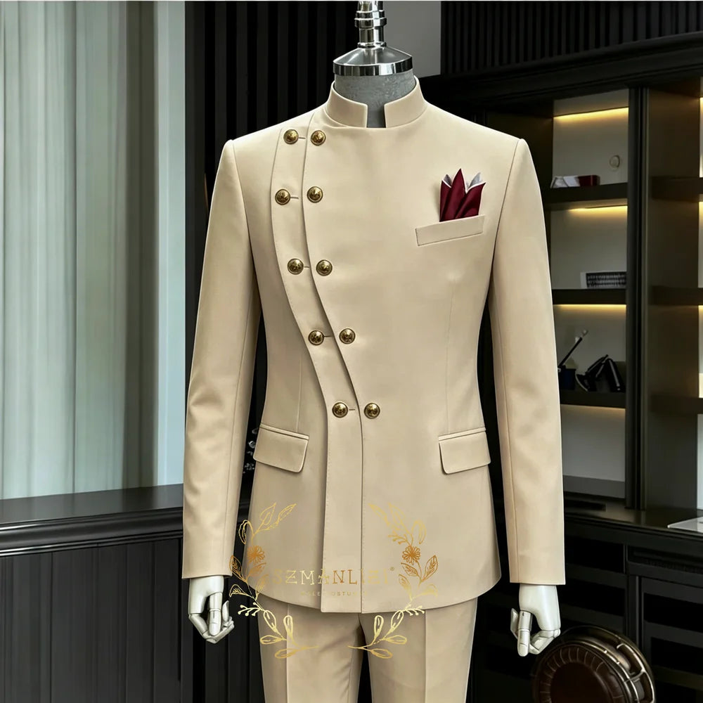 Costume de Mariage Homme Bleu Marine Croisé à Double Boutonnage Col Montant – 2 Pièces (Blazer + Pantalon) – Idéal pour le Marié ou le Garçon d'Honneur