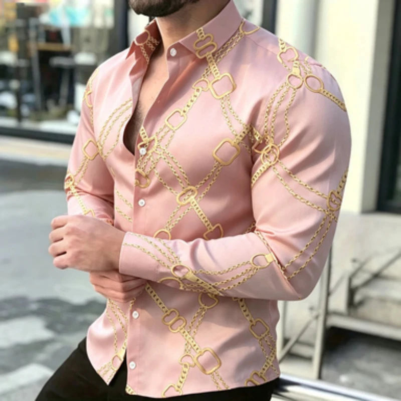 Chemise à manches longues pour homme avec imprimé chaîne dorée, style décontracté chic européen et américain pour jeunes, imprimé tendance pour homme, quotidien