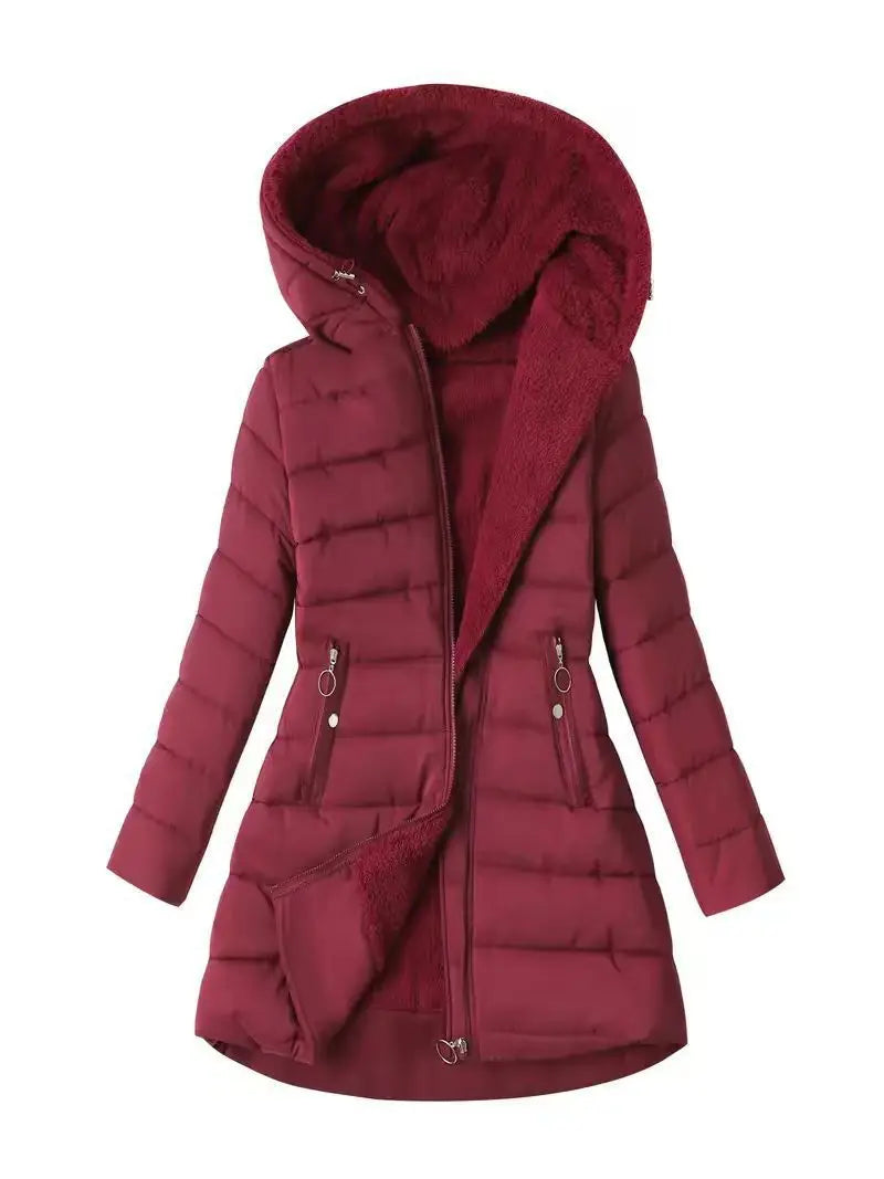 Veste matelassée chaude à capuche pour femme, doublure polaire, fermeture éclair diagonale, silhouette ajustée, longueur mi-longue, manteau d'hiver