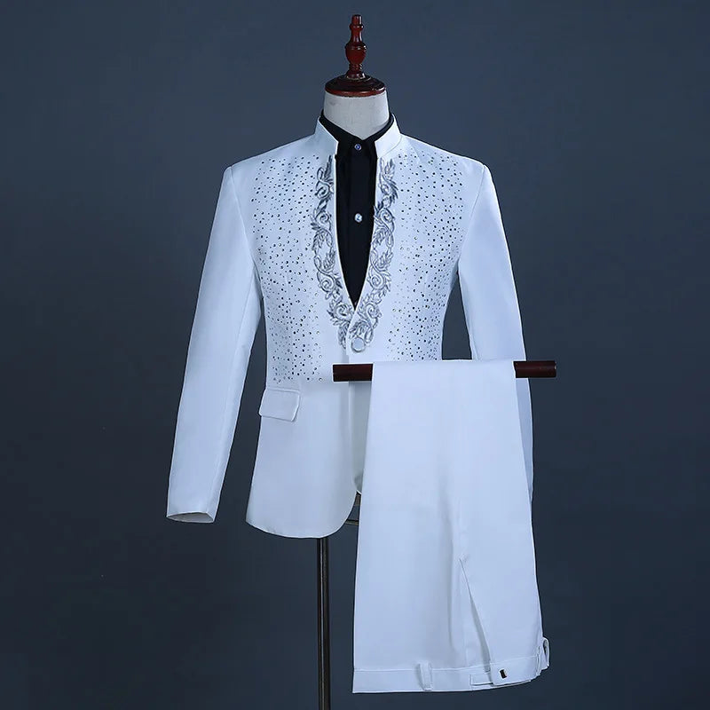 Costume pour homme à motif floral, blazer à col montant, tenue de scène, tenue de soirée, vêtements de cérémonie