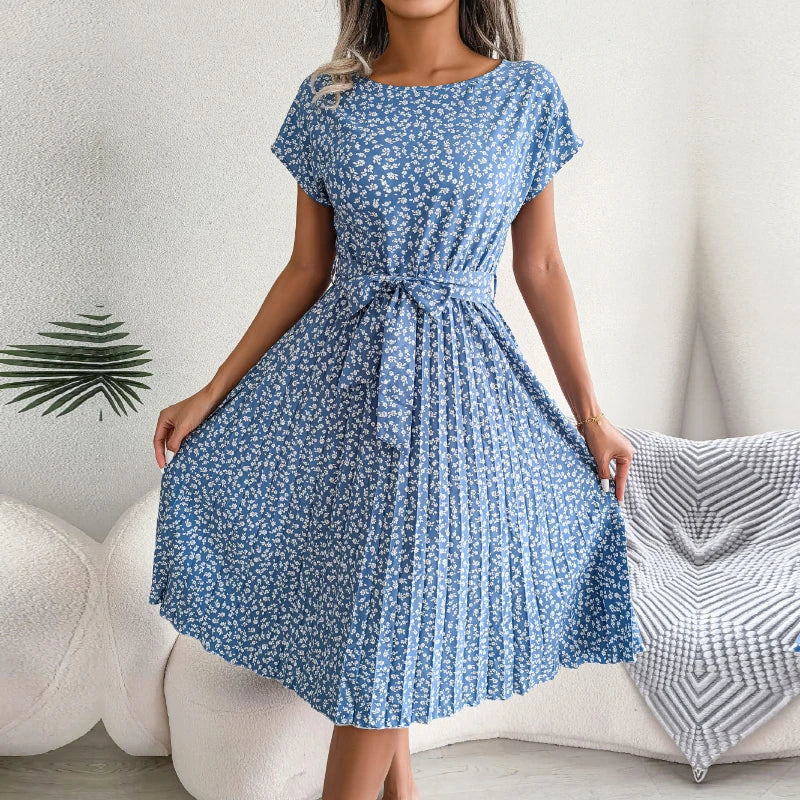 Gaun Berlipat Floral Wanita Midi Perban, Ruched Lengan, Pendek Leher-o Kasual Musim, Boho Chic A Line Pantai Wanita