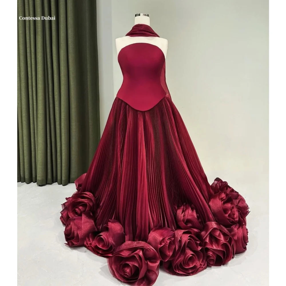 Fissuressa Dubai-Robe de mariée en satin rouge à fleurs 3D, ligne A, sans bretelles, robe éducative, personnalisée, 2025