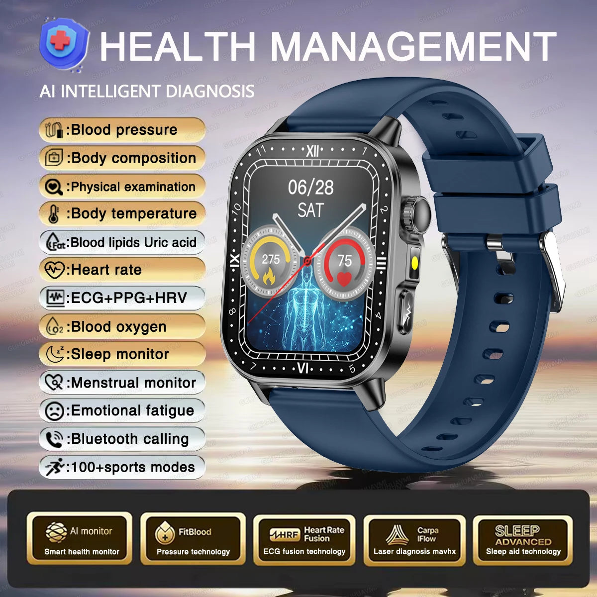Montre connectée intelligente 2026 pour la santé des femmes, diagnostic précis, ECG+HRV, tension artérielle, oxygène sanguin, acide urique, fréquence cardiaque, appels Bluetooth