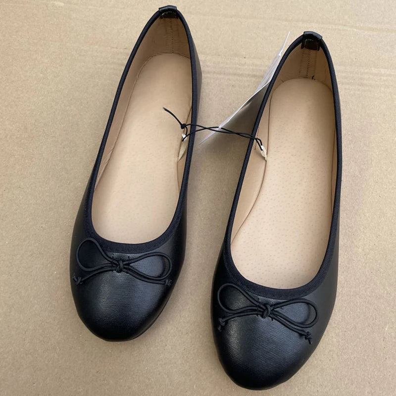 Ballerines élégantes à nœud papillon, chaussures classiques à bout rond, mocassins confortables à enfiler pour dames, Mules en cuir, printemps 2026