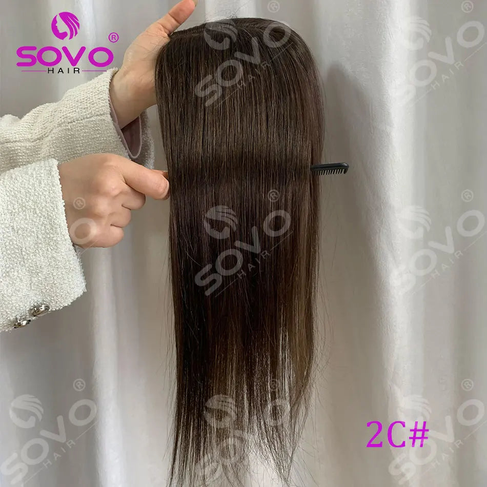 Topper de cheveux humains lisses avec mèches pour femmes 10x12CM, postiche à base de peau avec 4 clips, cheveux humains véritables respirants