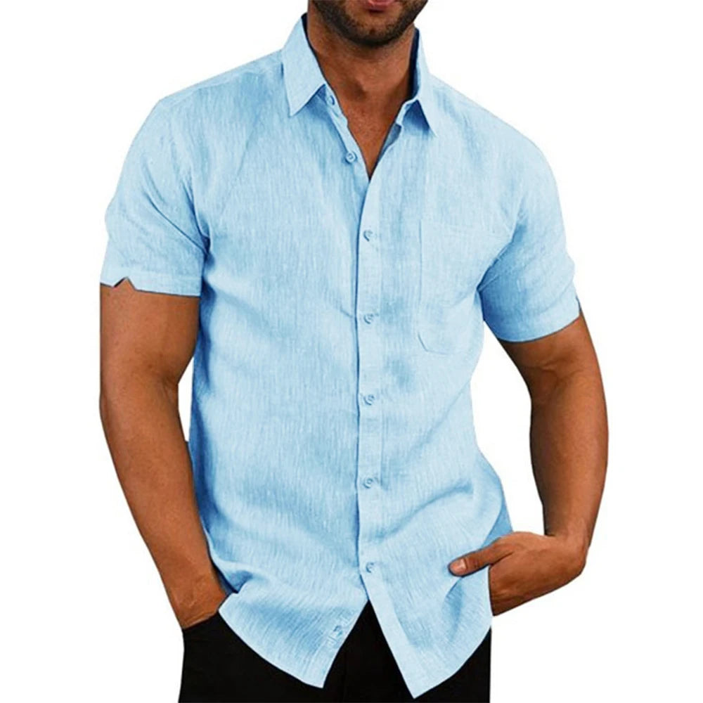 Chemises à manches courtes pour hommes, en coton et lin, couleur unie, col rabattu, décontracté, Style de plage, grande taille, offre spéciale, été