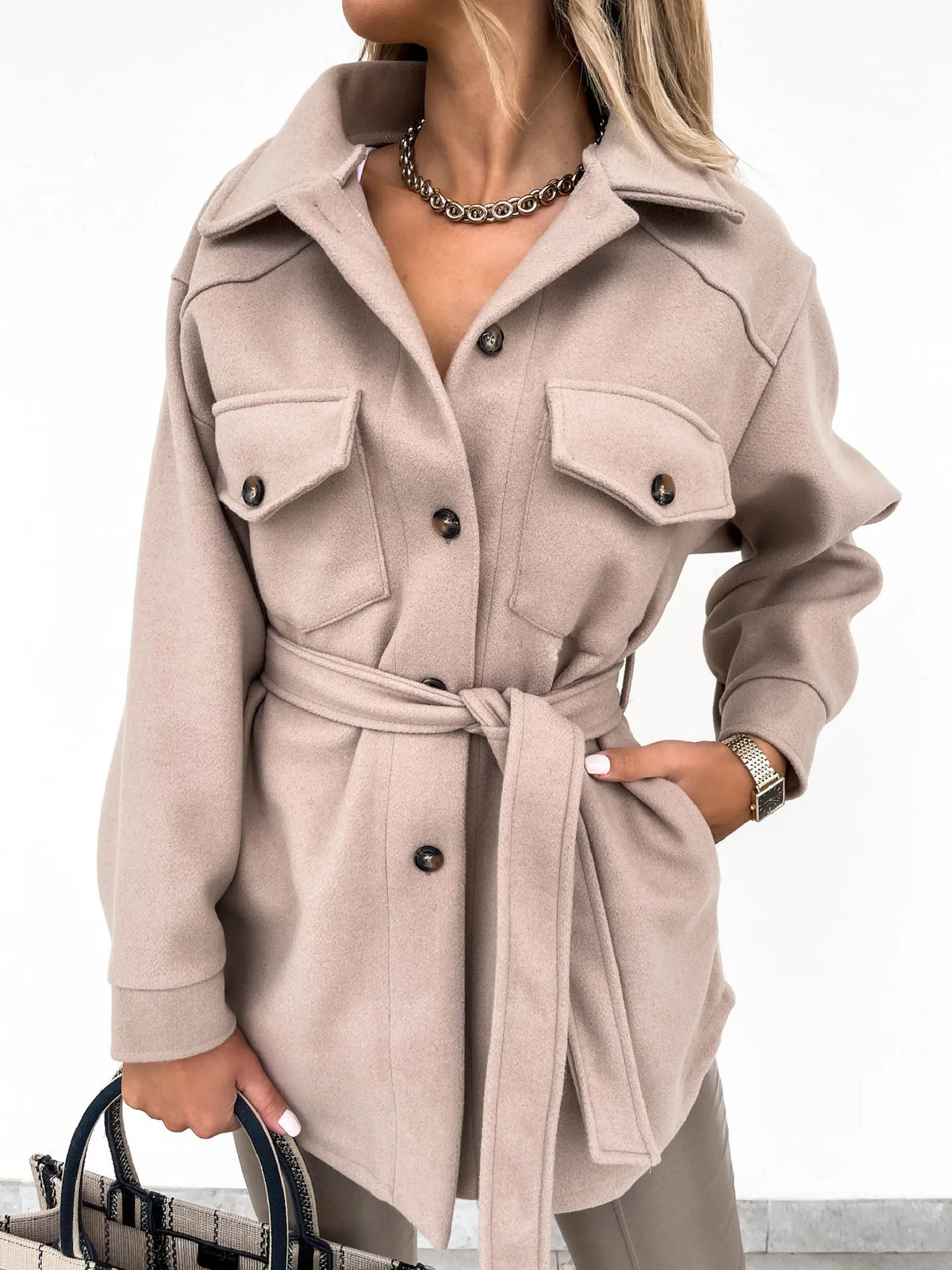 Manteau en laine mélangée pour femme, automne-hiver, col à revers, veste trench à simple boutonnage avec ceinture, coupe ample et chaude.
