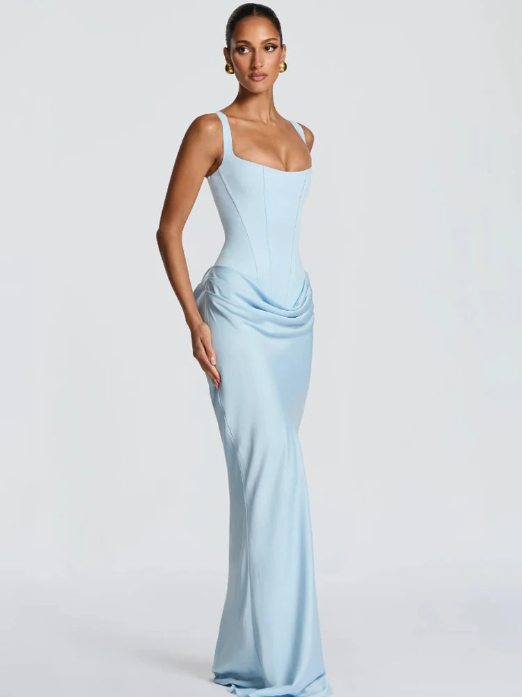 Robe à bretelles plissée pour femmes, couleur unie, col carré, sans manches, épaules dénudées, taille cintrée, robes Slim, robes de soirée, 2025