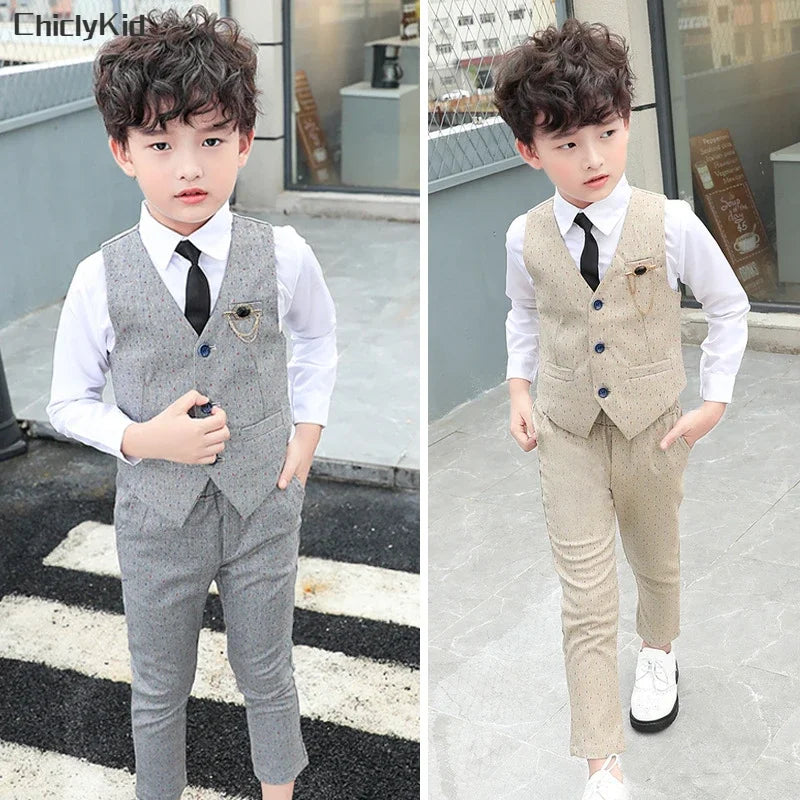 Garçon Plaid gilet Blazer enfants gilet vêtements de mariage ensemble enfant en bas âge robe formelle costume enfant broche chemise pantalon bébé messieurs tenue