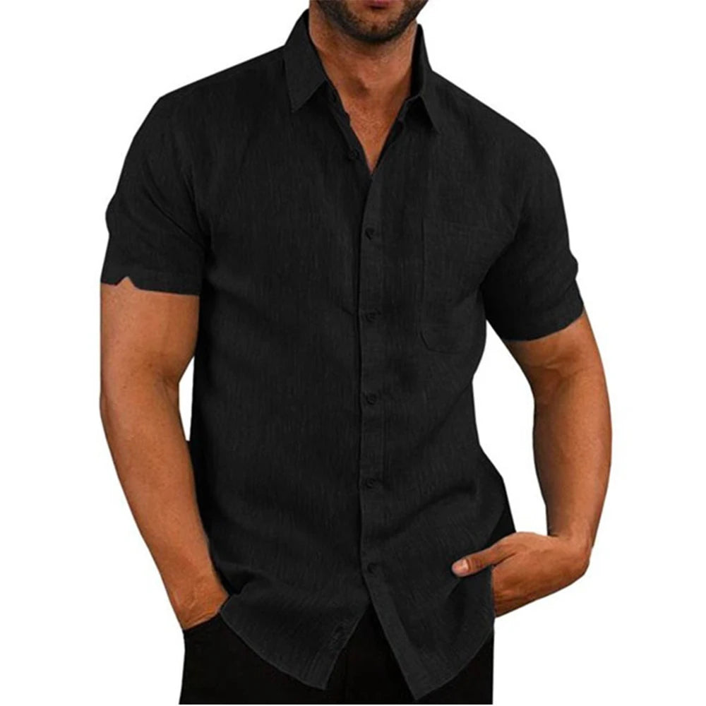 Chemises à manches courtes pour hommes, en coton et lin, couleur unie, col rabattu, décontracté, Style de plage, grande taille, offre spéciale, été