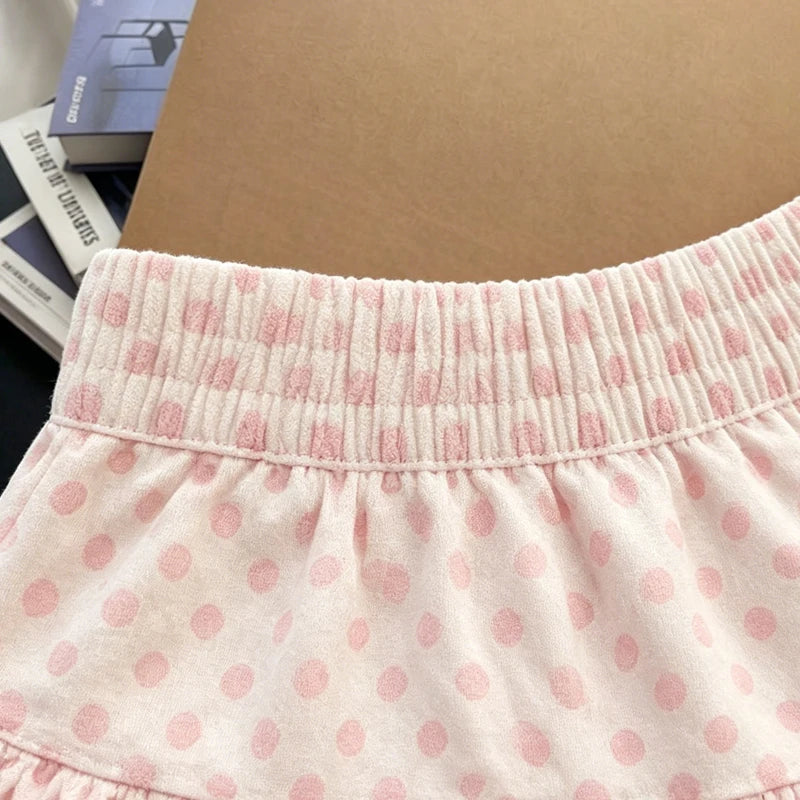 Jupe à pois rose style Harajuku douce et fraîche, double volant, coupe trapèze, polyvalente et basique pour jeune fille.