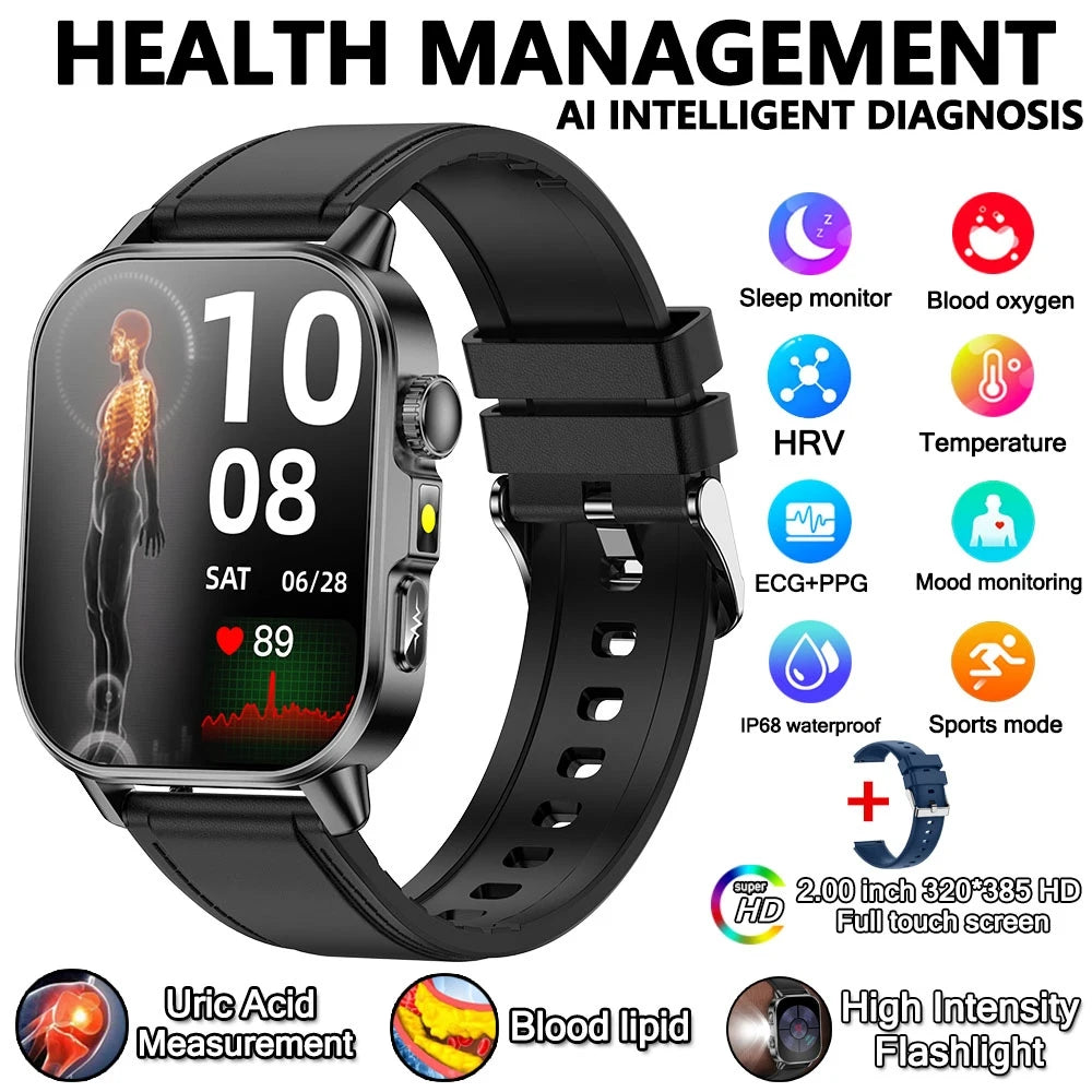 Montre connectée pour hommes et femmes, nouveau modèle d'analyse de la santé des acides uriques et des lipides, ECG + PPG, appel Bluetooth, lampe de poche 2026 pouces, 2.021