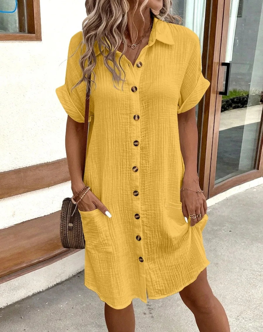 Robe ample à la mode pour femmes, simple boutonnage, manches Raglan, avec poche, tunique d'été, chemise courte, robe de bureau