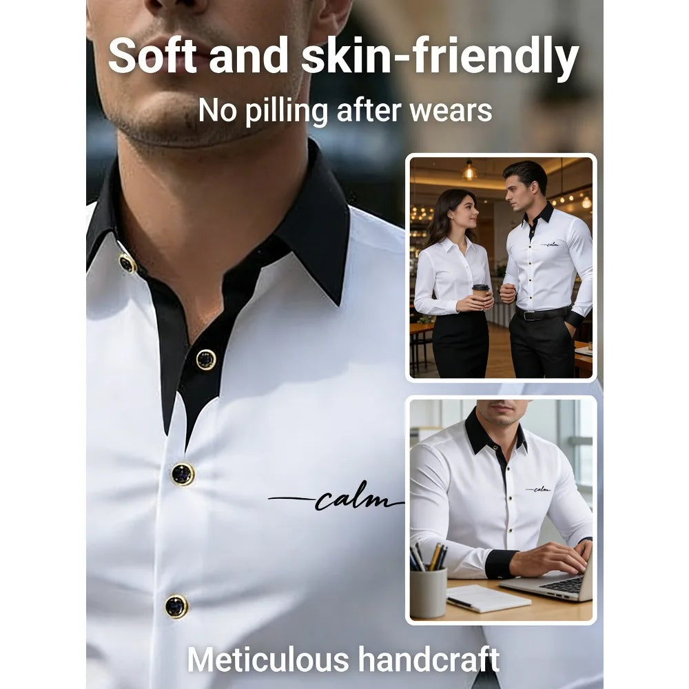 Chemise Homme FGKKS – Nouvelle Collection Imprimée Tendance, Style Décontracté Chic, Manches Longues, Patchwork, Micro-Élastique, Blanche