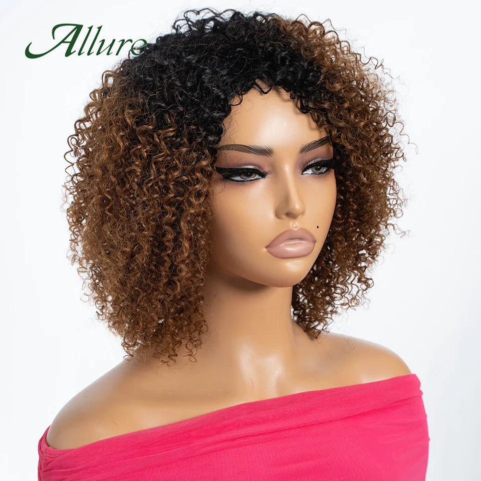 Perruques brésiliennes Jerry Curly en cheveux humains pour femmes, couleur brun foncé, cheveux courts bouclés, perruque sans colle, perruques afro crépues Allure