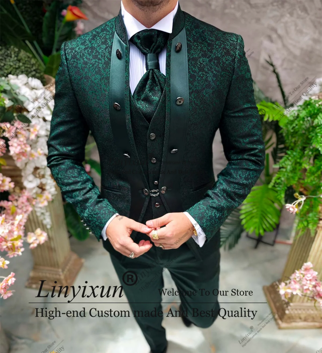 Costumes de Style italien pour hommes, ensemble de 3 pièces, blazer de dîner pour bal de promo, Tuxedos de marié en Jacquard personnalisés, Costume ajusté pour Homme