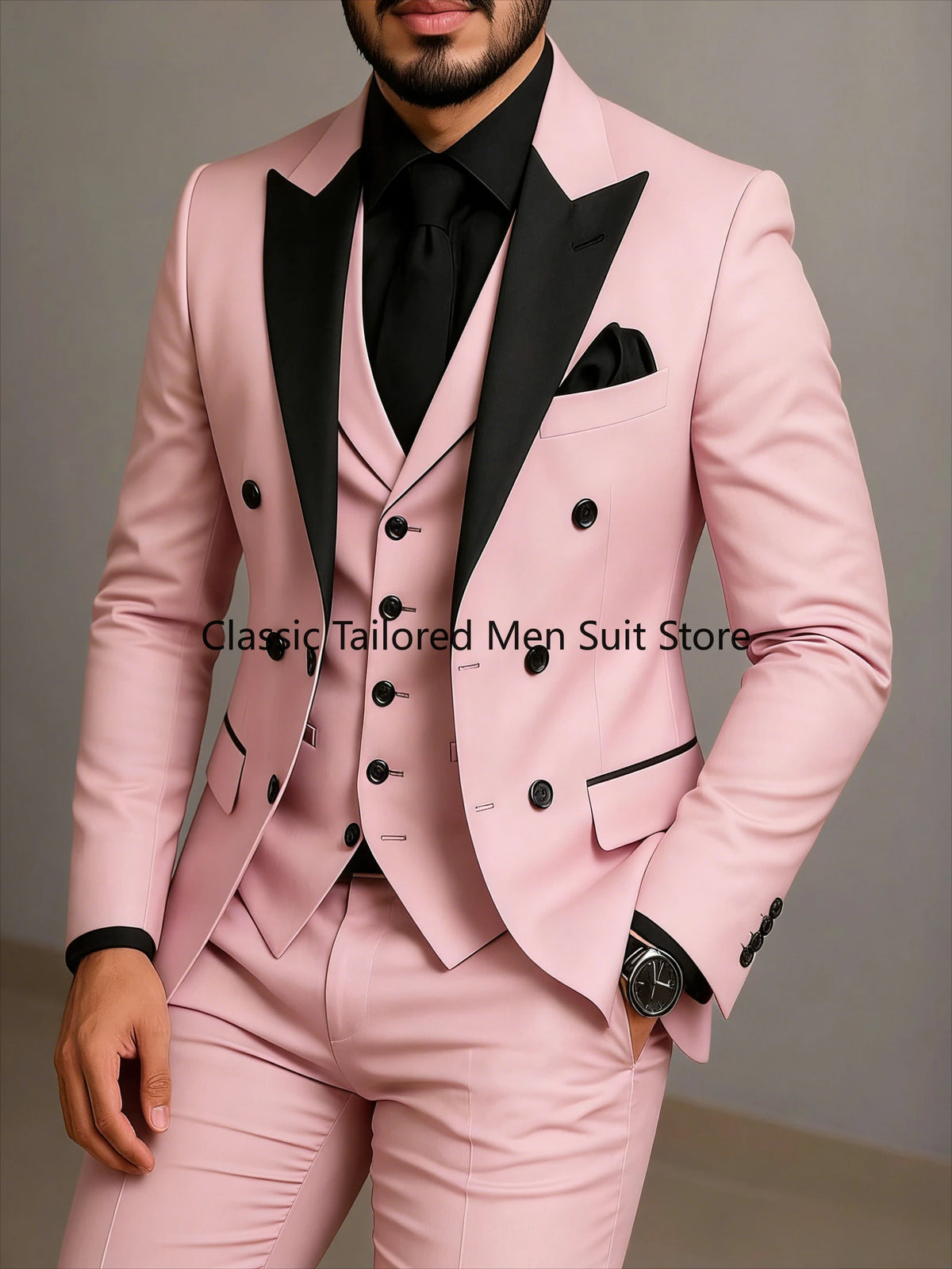 Costume beige à double boutonnage, costume de mariage ajusté à revers noir