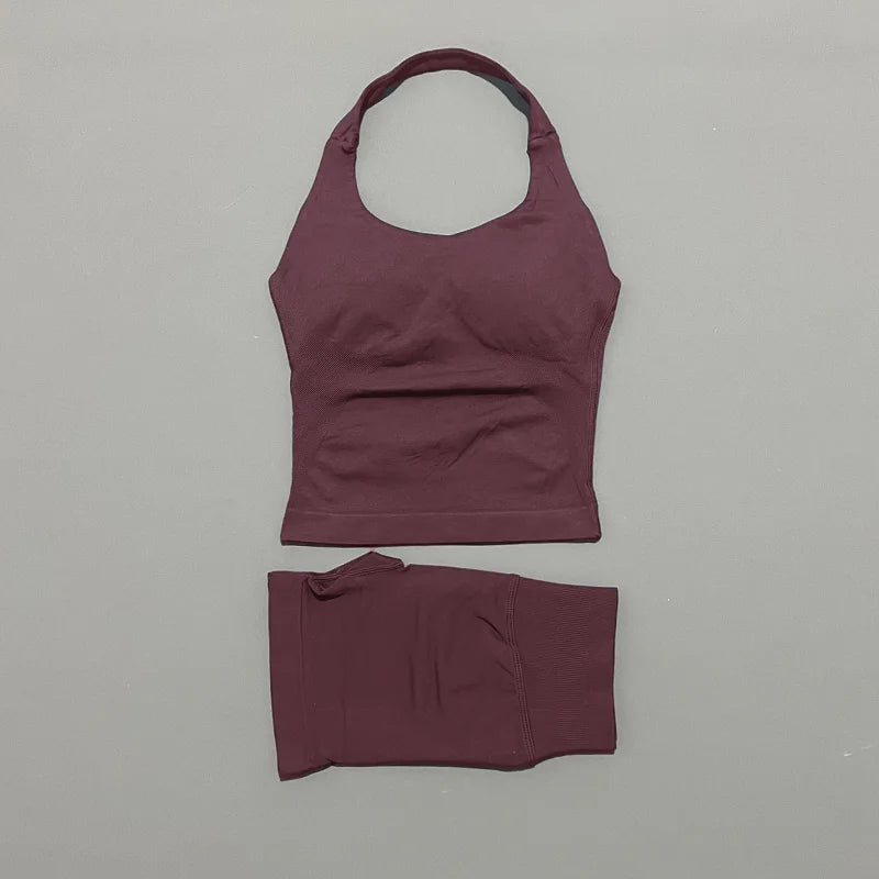 Ensemble de sport 2 pièces pour femme : débardeur long à bretelles rembourré et short de sport sans couture pour le yoga, le fitness et la course à pied