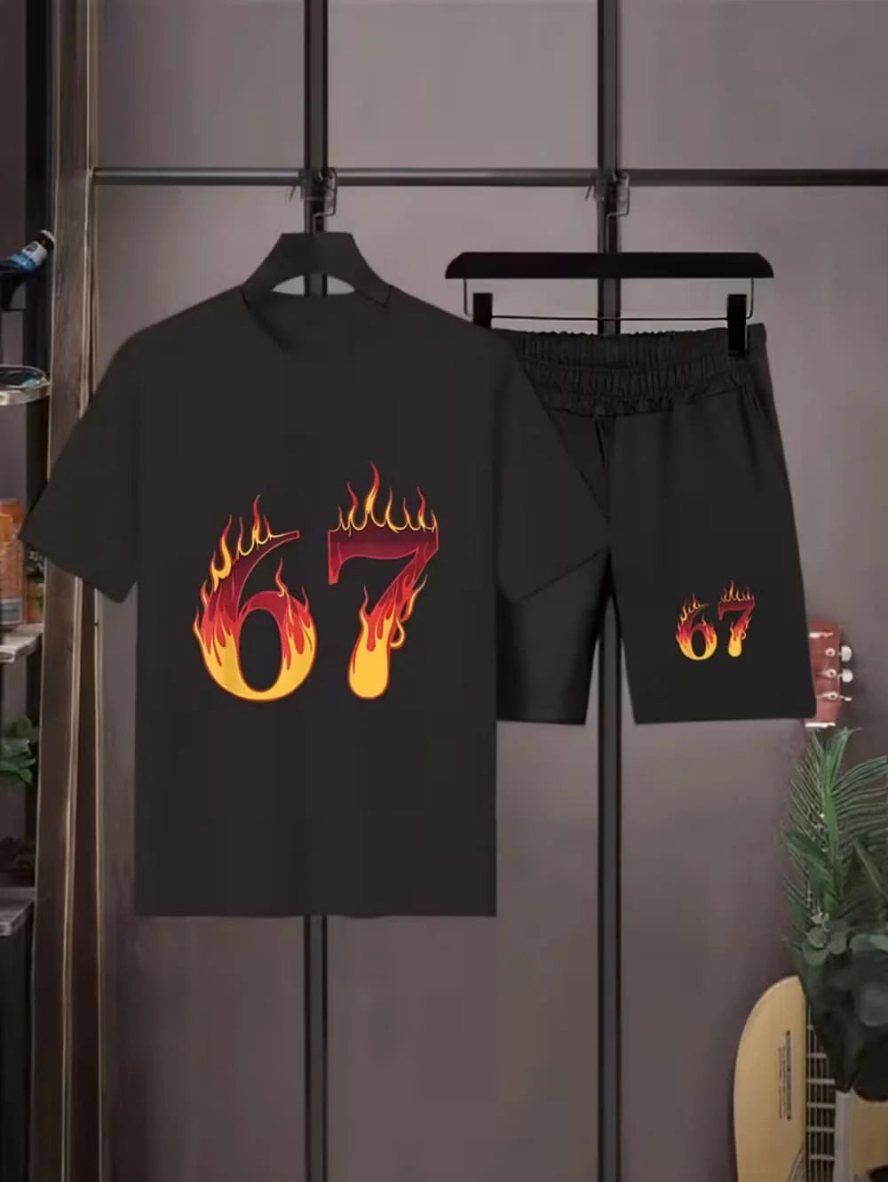 Ensemble 2 pièces pour enfants : T-shirt à manches courtes et short imprimé chiffres 6 et 7, style 'Brainrot' italien amusant, pour garçons