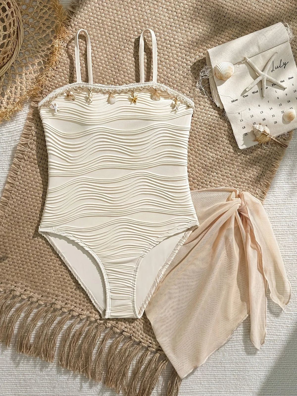 Ensemble 2 pièces pour filles, maillot de bain une pièce texturé ondulé avec décor coquillages et étoiles de mer et paréo de plage transparent