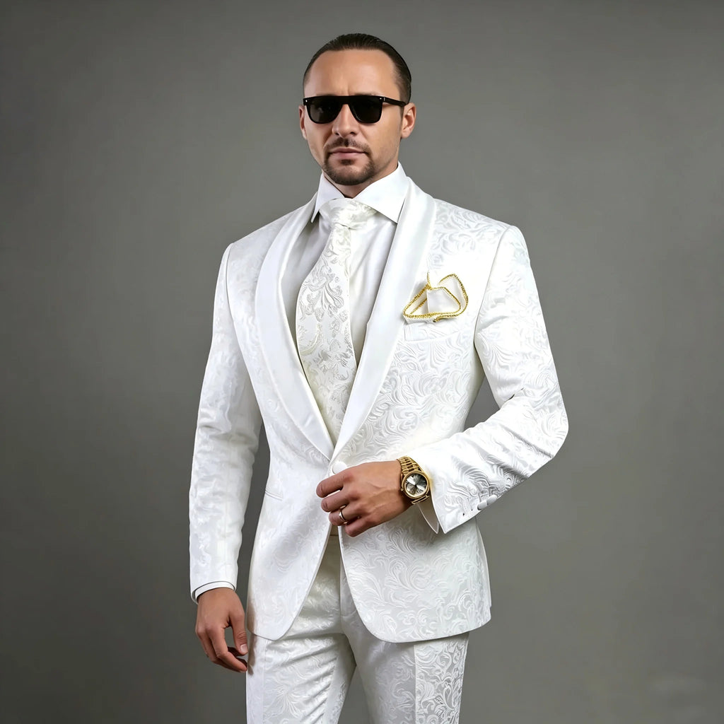 Costume deux pièces blanc à imprimé floral pour homme, veste et pantalon, pour garçons d'honneur, mariage, cocktail, soirée formelle, smoking de marié