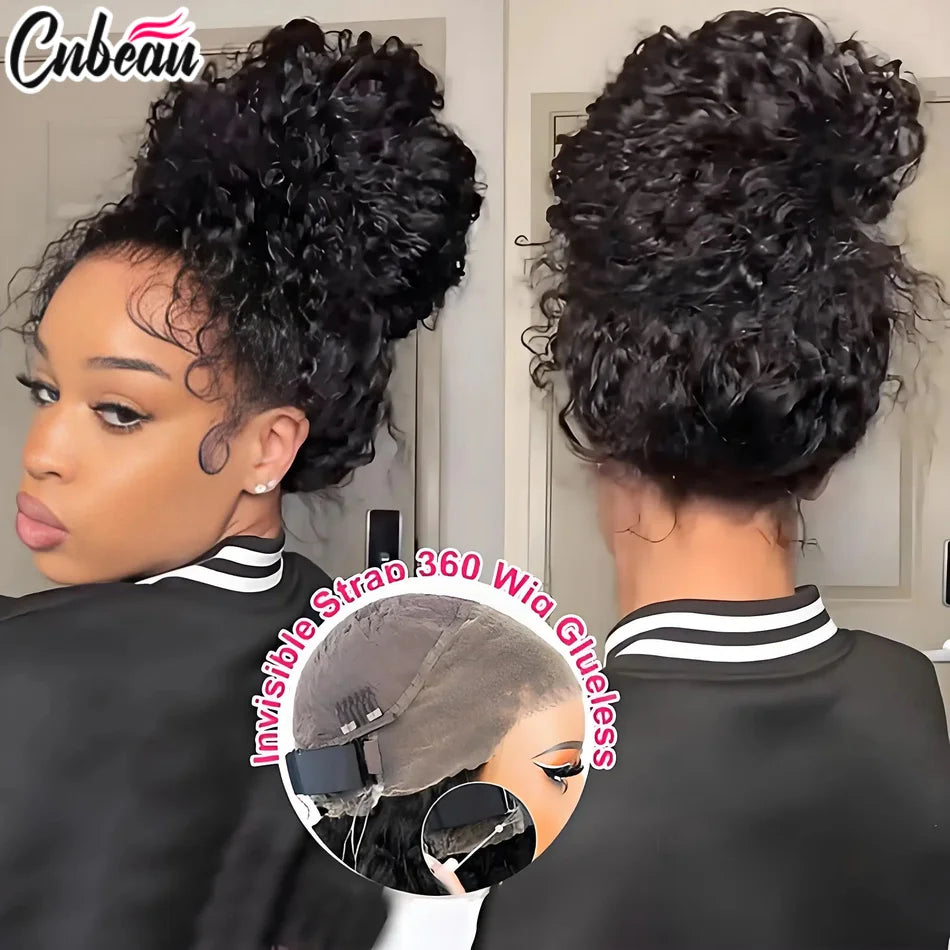 Perruque 360 Full Lace 250% 18-36 pouces avec sangle invisible, cheveux humains bouclés profonds, cordon de serrage réglable, dentelle HD, sans colle