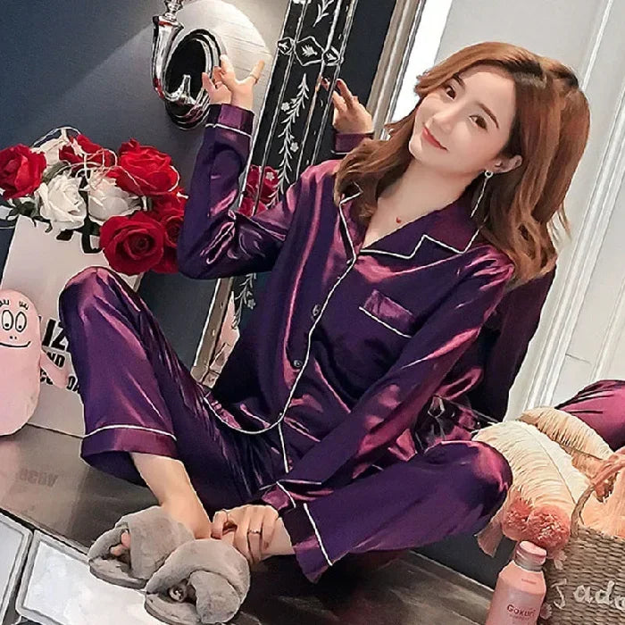 Pyjama grande taille pour femme, ensemble deux pièces en soie glacée, manches longues, vêtements de nuit, couleur unie, automne et hiver