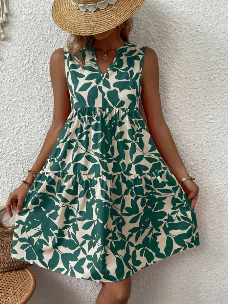 Femmes Boho imprimé Mini robe été élégant sans manches col en V à volants une ligne débardeur décontracté ample surdimensionné plage fête robe d'été