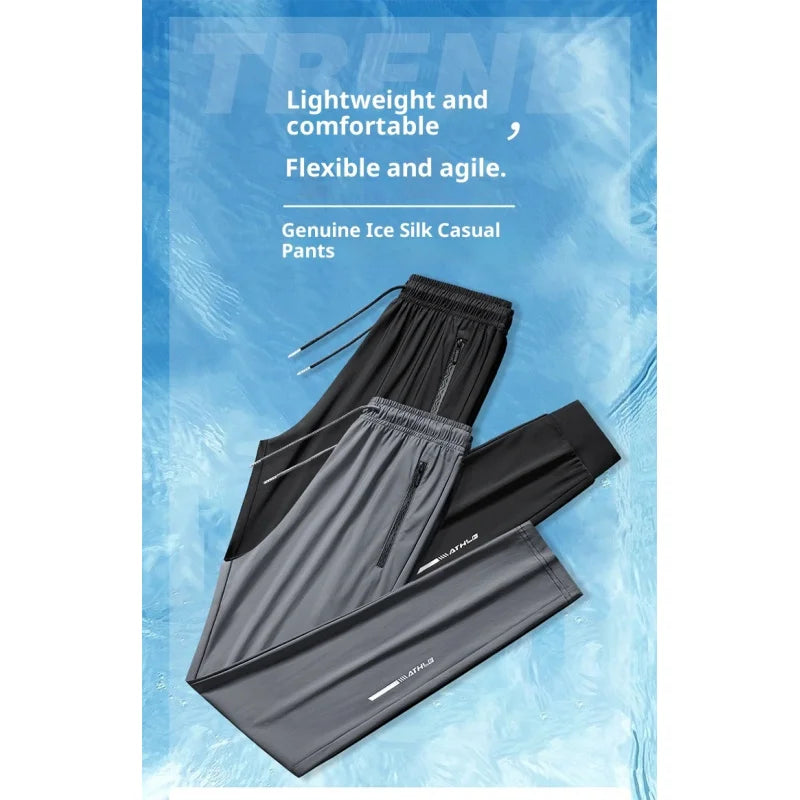 Pantalon de jogging léger et respirant en soie glacée pour homme, grande taille, avec poches zippées, extensible, idéal pour le quotidien, le sport et le fitness