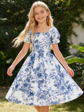 Robe à manches courtes à bulles pour filles, robe florale élégante et à la mode pour les activités et les fêtes de loisirs en plein air d'été