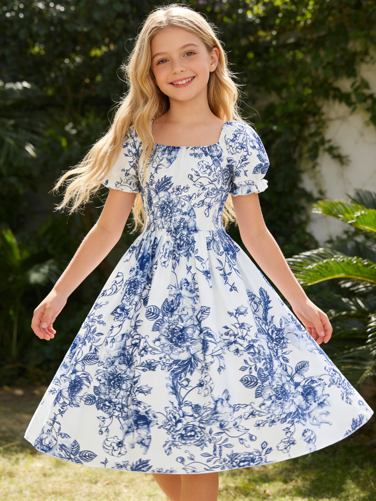 Robe à manches courtes à bulles pour filles, robe florale élégante et à la mode pour les activités et les fêtes de loisirs en plein air d'été
