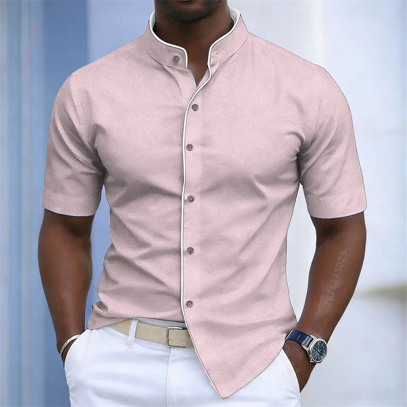Chemise d'été pour homme à col montant et manches courtes, 20 couleurs, design color block tendance, coupe ajustée, chemise décontractée pour affaires, tailles XS-6XL