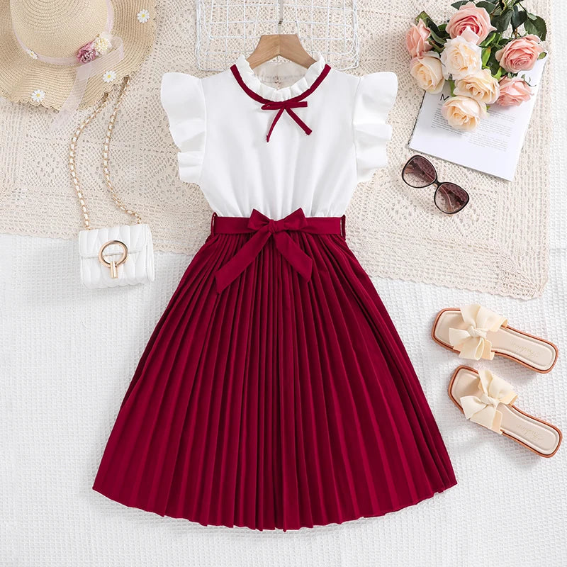 Robe pour filles, manches pétales blanches, jupe kaki plissée et nœud papillon, Style Preppy, vêtements de fête d'anniversaire élégants pour 8 à 12 ans